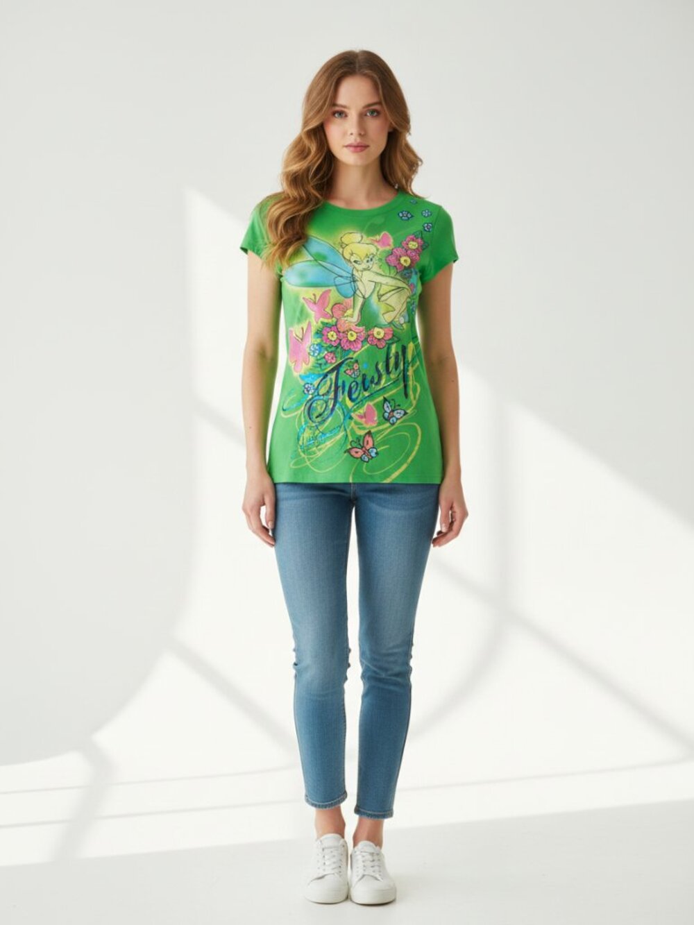 Disney Tinker Bell Feisty Graphic T-Shirt Y2K Green Fairy Butterfly Tee
